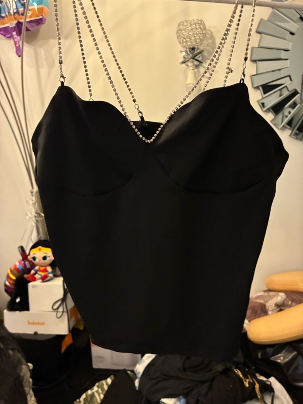 Black Rhinestone-Strap Bustier Top - Women's Evening Tank